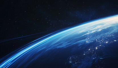 Fototapeta premium Abstract blue gradient with curves and a blurred Earth, perfect for minimalist designs.