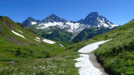 Obraz premium The crisp sound of footsteps breaking fresh snow along a scenic hiking route, with panoramic views of the Alps.