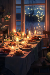 A nostalgic and heartwarming illustration of a cozy dinner table, with soft candlelight and delicious food, setting the scene for a romantic evening.