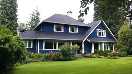 Photo of a navy blue Craftsman-style home in Vancouver, British Columbia, with green grass and trees in the front yard. The home has white trim on the windows. The shot is taken from street level, sho