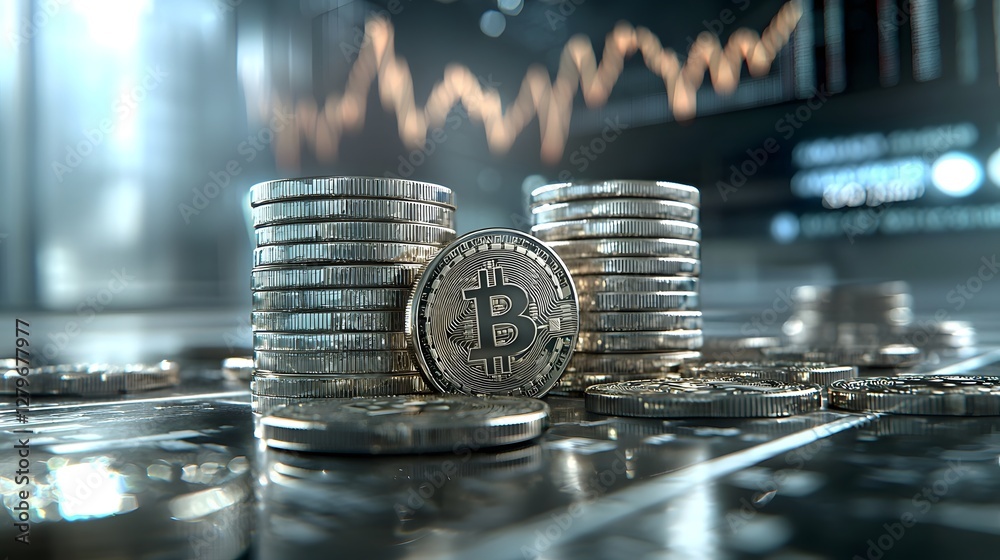 Fototapete a photo depicting stacks of shiny bitcoin tokens positioned in the foreground while a rising market 