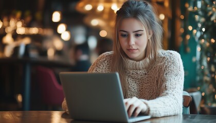 Female Freelancer Blogging And Working In A Coffee Shop: The Life Of A Young Woman Telecommuting And E-Business In A Cafe.