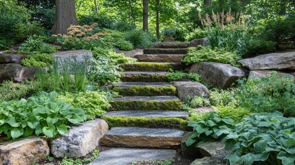 The interplay of moss, stone, and fresh leaves forming a lush, textural nature background in a shaded garden