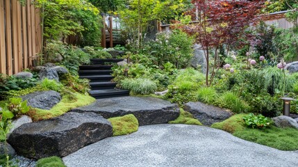 The interplay of moss, stone, and fresh leaves forming a lush, textural nature background in a shaded garden