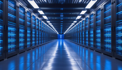 Fototapeta premium Futuristic long corridor with bright blue lighting. Advanced technology, sci-fi environments, sleek modern architecture, glowing design, illuminated corridor, high-tech infrastructure.