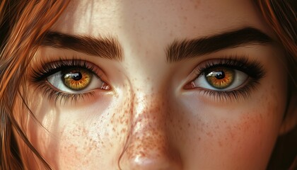 Fototapeta premium Close Up Portrait Of A Beautiful Brunette With Big Brown Eyes And Long Eyelashes. Young Woman With Freckles And Healthy Skin.