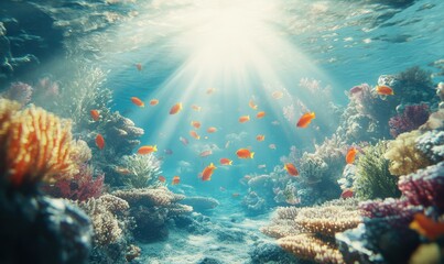 Naklejka premium Vibrant underwater scene showcasing colorful fish swimming amidst coral reefs, sunlight filtering through the clear blue water adding dept