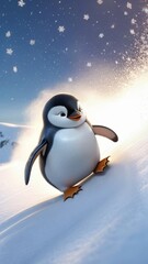 A penguin is walking on a snowy hill. The scene is bright and cheerful, with the penguin looking happy and content