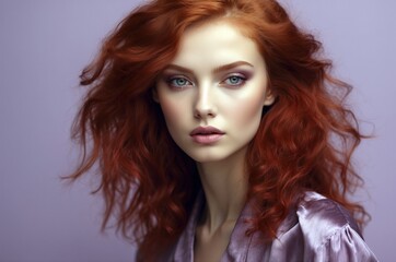 Obraz premium Beautiful confident photo model showcases vibrant makeup against a pastel color background in a studio setting, people and skincare, fashion theme concept. 