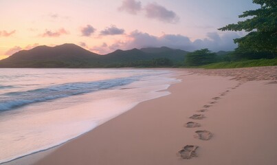 Fototapeta premium Serene beach scene at dawn, footprints in the sand and soft waves lapping at the shore, pastel hues filling the sk