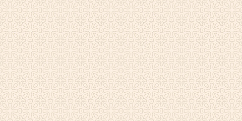 Vector golden geometric ornamental seamless pattern. Abstract texture with flower silhouettes, leaves, crosses, grid, outline shapes, repeat tiles. Simple gold and beige background. Subtle geo design