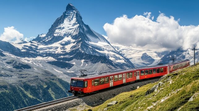 The red electric train climbing up the Gornergrat railway, with panoramic alpine views of the Matterhorn and surrounding peaks