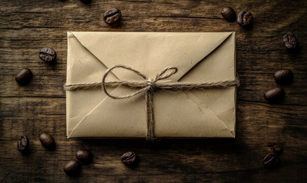Vintage envelope made of natural kraft paper tied with twine, placed on a rustic wooden table with coffee beans scattered, creating a nostalgic and creative mood