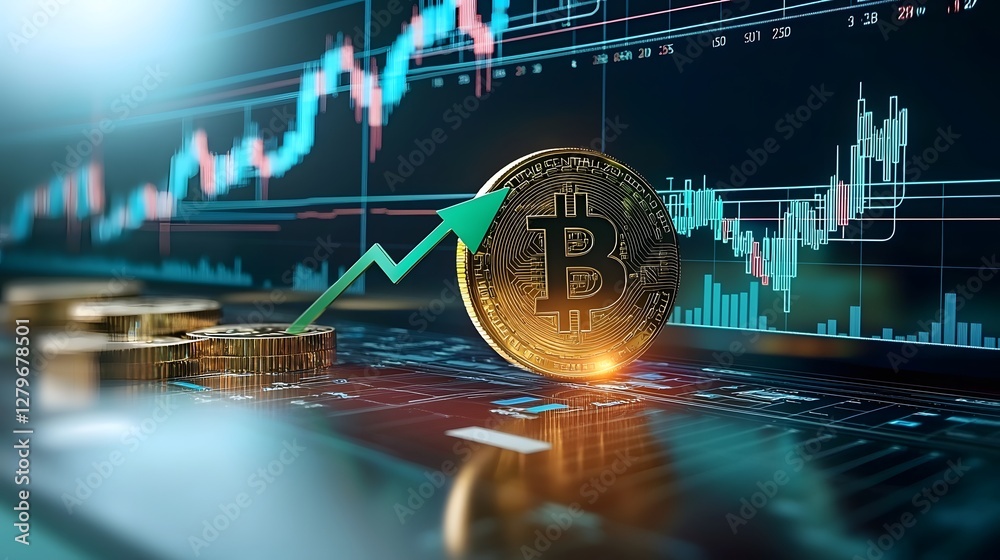 Aufkleber a photo of a glowing bitcoin cryptocurrency coin with a green upward arrow and market graphs depicti