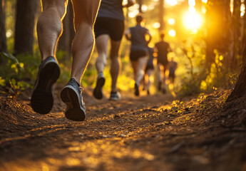 Close-up of athletic legs running on a forest trail during a vibrant sunset