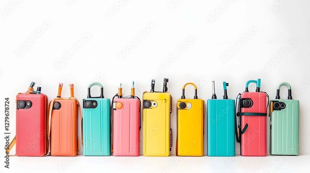 Aufkleber A photo showcasing a vibrant array of colorful walkie talkie devices displayed in a playful row on a clean white background creating a minimalist and contemporary composition