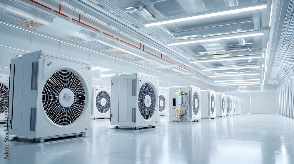 Fototapete A photo showcasing the advanced air conditioning and cooling system installed within a high tech data center facility  The image depicts the intricate network of ducts compressors fans