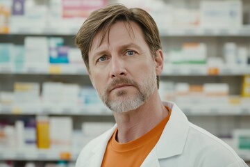 Fototapeta premium Confident male pharmacist wearing a lab coat, standing in a pharmacy filled with shelves of medical products, looking directly at the camera while posing for a portrait