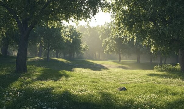 Serene morning in a forest clearing, soft sunlight filtering through the trees and casting long shadows on the groun