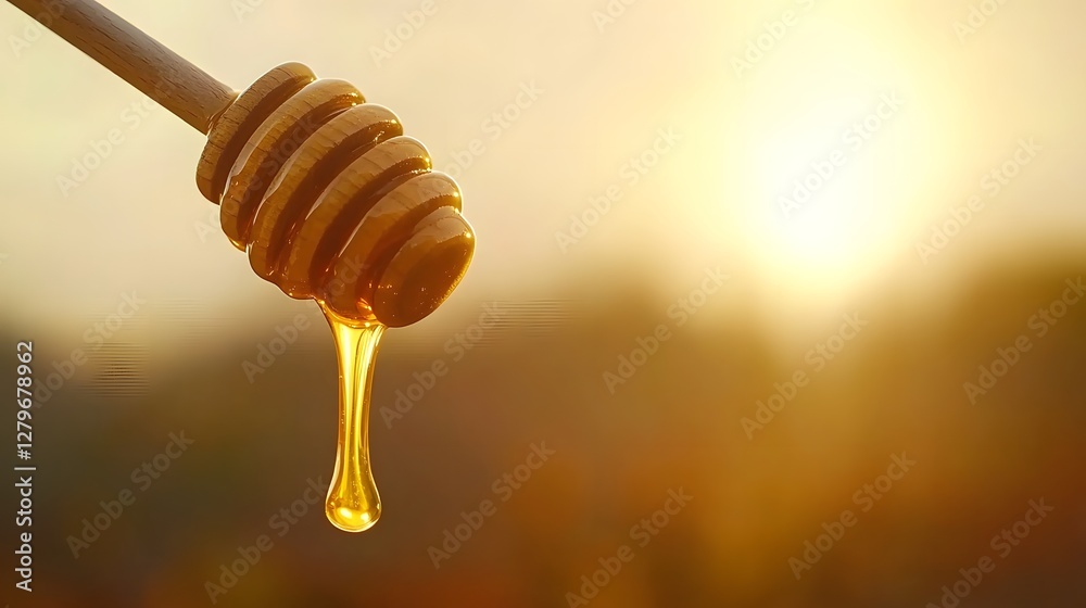 Poster a photograph showcasing golden honey dripping from a wooden honey dipper set against a warm softly l