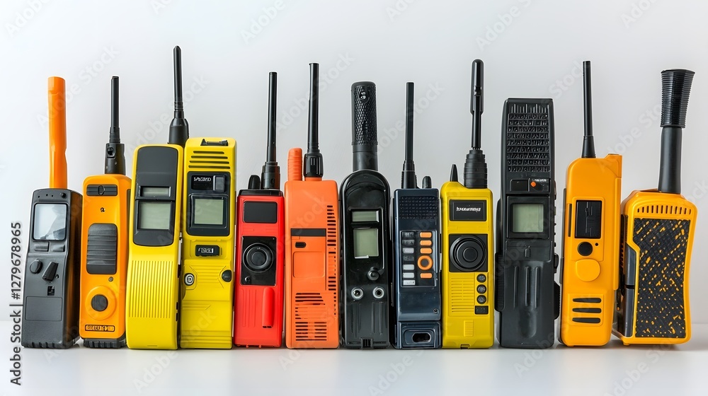 Poster A photographic composition featuring an array of various colorful walkie talkie devices displayed in a row on a clean white background