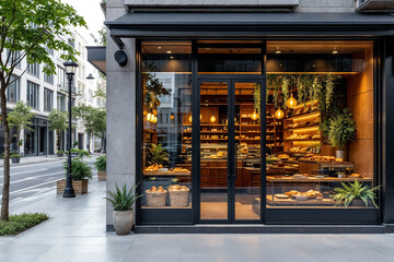 Modern bakery façade featuring glass storefront and artisan displays in an urban setting
