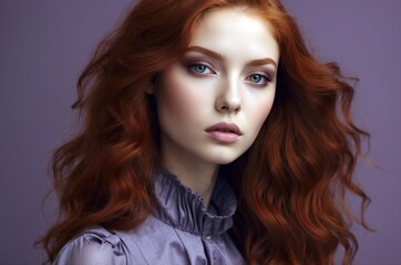 Fototapeta premium Beautiful confident photo model showcases vibrant makeup against a pastel color background in a studio setting, people and skincare, fashion theme concept. 