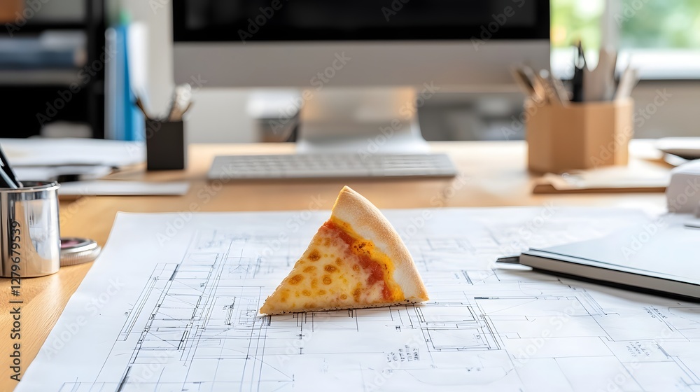 Poster A single slice of savory pizza resting on top of architectural blueprint documents in a clean organized modern workspace  Concept of multitasking mixing personal and professional life