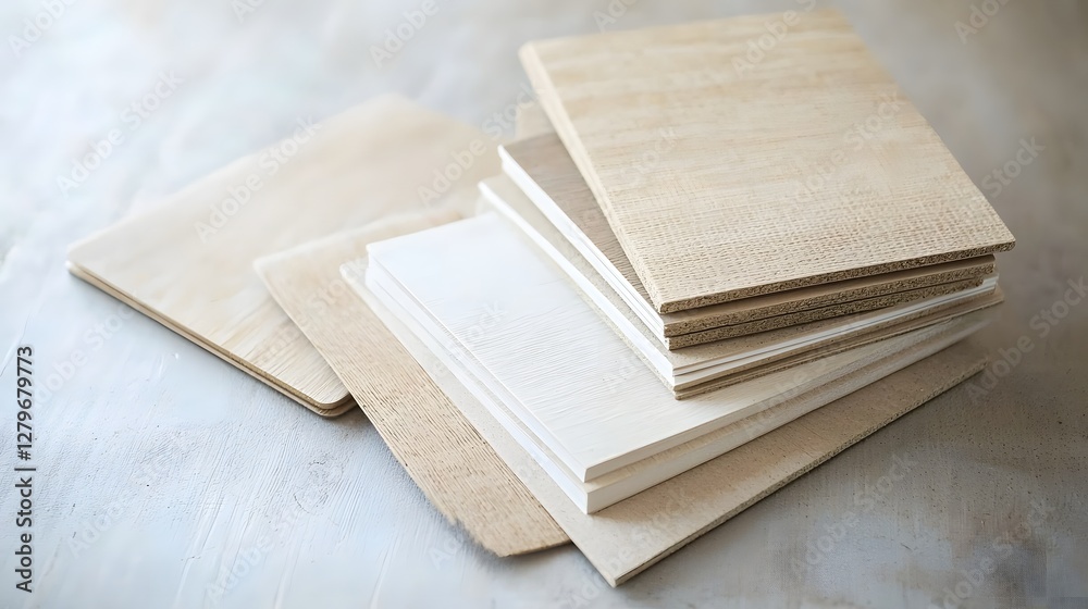 Aufkleber A stack of handmade hemp paper notebooks with eco friendly branding resting on a wooden table surface in soft natural lighting  The clean minimalist design and natural textures create a calming