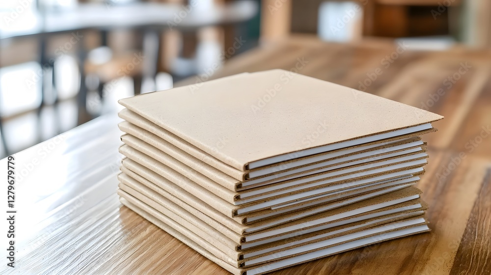 Poster a stack of hemp paper notebooks featuring a clean and eco friendly branding bathed in soft natural l