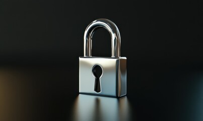 Naklejka premium Shiny silver lock with a key, placed against a smooth black surface, symbolizing security and confidentiality.