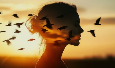 Silhouette of a woman's profile blending into a flock of birds flying against a soft sunset sky, creating an artistic double exposure effect, evoking freedom,