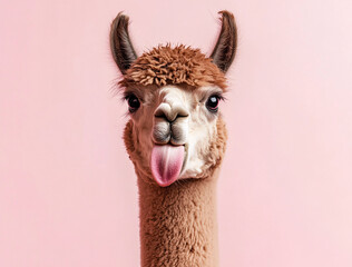 Fototapeta premium Playful alpaca with tongue out, laughing joyfully against a pastel pink background