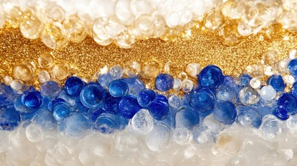 Colorful abstract texture featuring blue and gold bubbles on a shimmering background