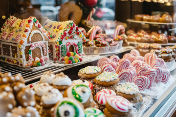 A classic holiday bakery window filled with rainbow colored gingerbread houses, intricately decorated cookies, and festive candy canes.