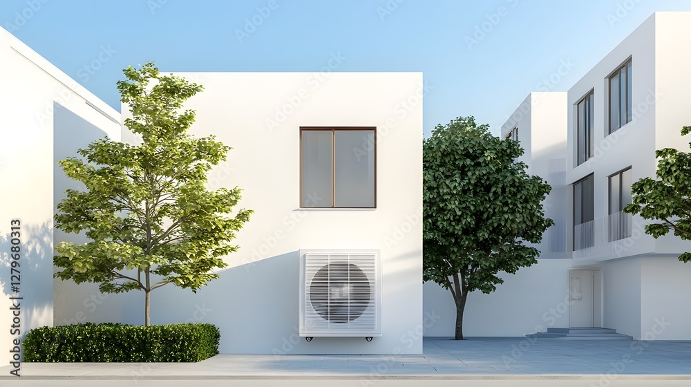 Poster a window air conditioning unit installed in the exterior wall of an urban apartment building the mod