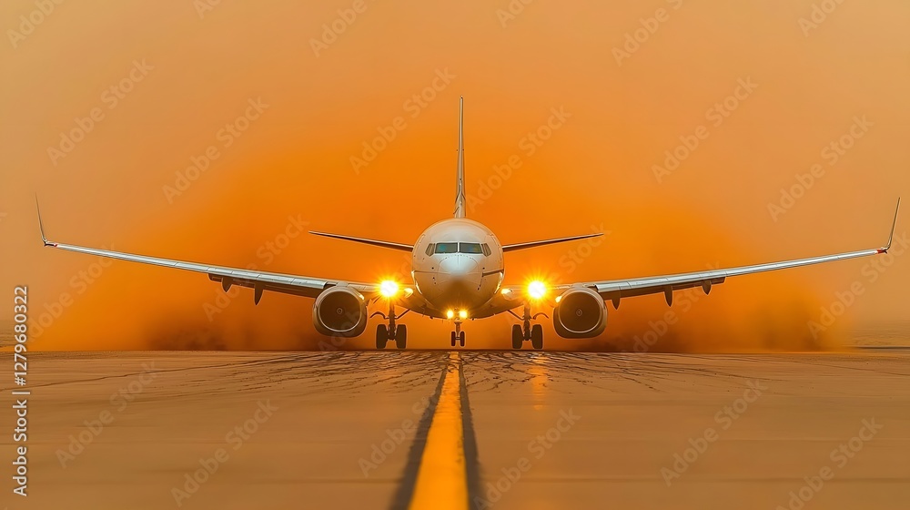 Aufkleber aircraft descending to land on runway surrounded by thick orange haze and airborne dust particles du