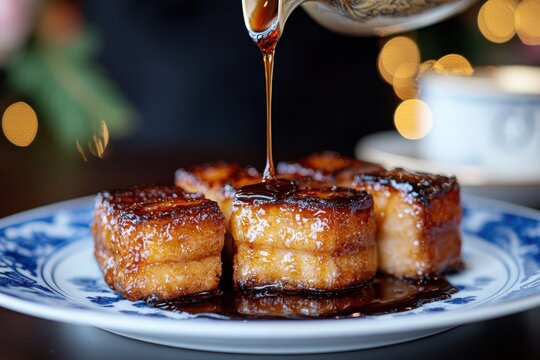An enticing dessert served with a rich caramel drizzle, showcasing its texture and richness that appeals to the viewer's appetite and craving for sweets.