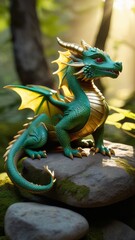 Obraz premium A green dragon is standing on a rock near a waterfall. The dragon has a large head and is surrounded by lush green foliage. The scene is serene and peaceful