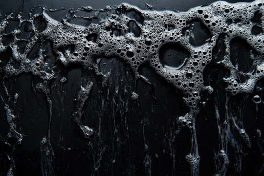 Foamy bubbles spread across a sleek black surface background