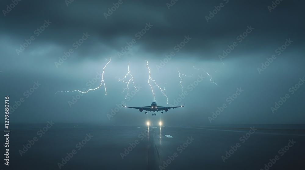 Poster an airplane navigating through a powerful electrical storm with bolts of lightning flashing across t