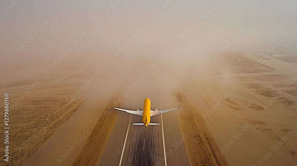 Aufkleber An airplane is struggling to take off in dense fog with the runway barely visible amidst the low contrast moody lighting and eerie atmospheric conditions