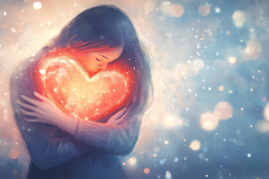 A soothing and nurturing illustration of a person hugging a glowing heart, surrounded by soft light, representing the importance of self compassion and support in mental health.