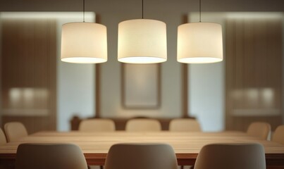 Spacious dining area with a long wooden table, plush beige chairs, and warm pendant lights casting soft tones.