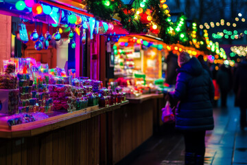 A vibrant holiday market with stalls glowing in rainbow colors, selling festive treats and gifts.