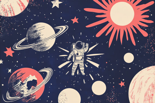 A space themed risograph poster, featuring cosmic elements such as planets, astronauts, and starbursts rendered in layered, grainy halftones.