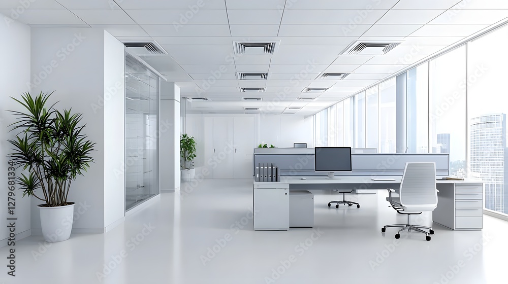 Poster bright and spacious modern office interior with a centralized air conditioning system featuring mini