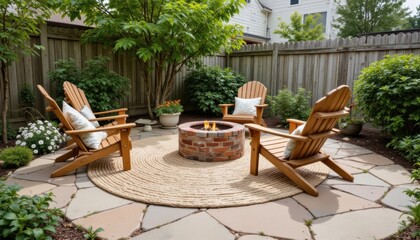 Cozy Outdoor Fire Pit Setting with Adirondack Chairs Surrounded by Lush Greenery and Plants
