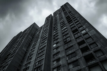 A brutalist high rise apartment complex, with repetitive window patterns, sharp angles, and raw, unpolished concrete surfaces under a moody sky.