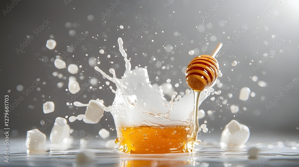 Aufkleber Captivating macro photograph showcasing the dynamic collision and fusion of golden honey and creamy milk creating a visually striking and textural abstract composition